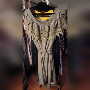 AUBREY LANE PLUS SIZE Olive Green Midi Dress with Crochet Trim